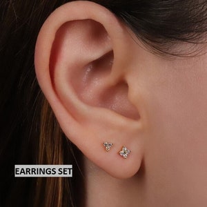 Ensemble de puces d'oreilles fleurs délicates, ensemble de petites boucles d'oreilles en argent sterling à fond boule, ensemble de puces d'oreilles sans fil labret à dos plat et épingle