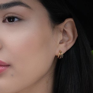 Triple Band Hoop Stud Earrings, Gold Three Hoop Earrings, Silver Triple Row Open Hoop Earrings, Multiple Hoop Earrings, 3 Line Hoop Earrings