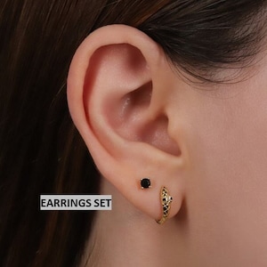 Tiny Snake Huggie Hoop Earrings Set, Sterling Silver Black Stone Threadless Push Pin Labret Flat Back Stud Earrings, Earrings Stacking Set