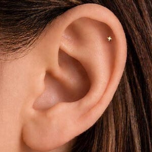 May include: A close-up of an ear with a tiny gold star stud earring. The earring is placed on the upper ear cartilage. The person has brown hair.