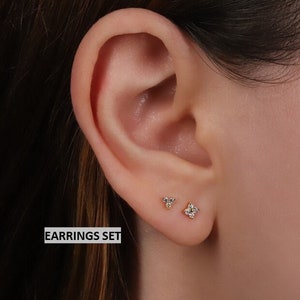 Dainty Flower Threadless Push Pin Gold Flat Back Labret Stud Earrings Set, Sterling Silver Tiny Small Ball Back Stud Earrings Stacking Set