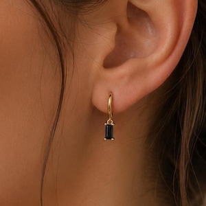 Black Stone Hoop Earrings, 925 Sterling Silver Tiny Black Baguette Dangle Hoop Earrings, Minimalist Rectangular Gold CZ Huggie Drop Hoops