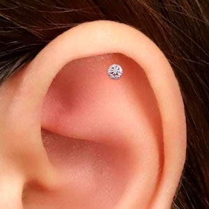 18G Pave Round Shape Threadless End Labret Gold Flat Back Stud Earring, Sterling Silver Tiny Cartilage Helix Tragus Flat Back Stud Earring