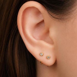 Tiny Bezel Open Hoop Earrings, Backless Earrings, Stay Close Hoop, Sterling Silver CZ Huggie, No Back Sleeper Earrings, Gold Half Hoops