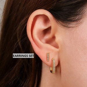 Ensemble de créoles rectangulaires Huggie pour plusieurs piercings, Boucles d'oreilles créoles à maillons fins pavés d'or, Boucles d'oreilles minuscules barre en argent sterling