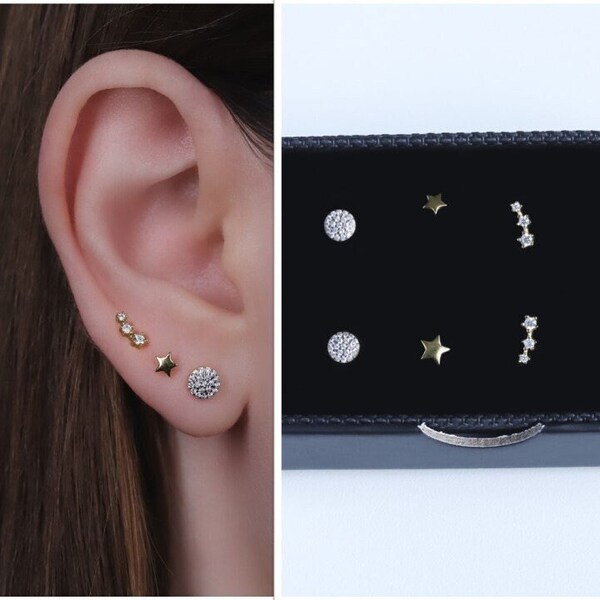 Diamond CZ Stud Earrings Gift Set for Multiple Piercings, Geometric Small Stud Earrings, Sterling Silver Gift Ready Celestial Earrings Set