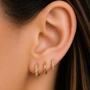Layered Gold Huggie Hoop Set, 925 Sterling Silver Huggies, Stacking Earrings, 8mm 7mm 6mm Hoops, Minimalist Curated Ear Stack