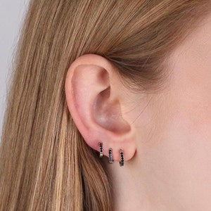 Tiny Black Stone Huggie Hoop Earrings, Gold Black CZ Thin Huggie Hoop Earring, Sterling Silver Onyx Helix Huggie Hoop, Cartilage Huggie Hoop
