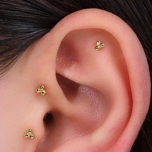 18G Tri Bead Threadless Push Pin Labret Stud, Sterling Silver Tiny Three Ball Flat Back Stud Earring, Cartilage Stud, Helix Stud, Nose Stud