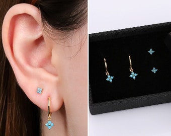 Gold Turquoise Flower Dangle Hoop Earrings Set For Multiple Piercings, Small Stud Earrings, Tiny Sterling Silver Earrings Set for Stacking