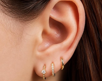 Thin Hoop Earrings Set, Sterling Silver Diamond CZ Huggie Hoop Earrings Set, Tiny Gold Curated Hoop Earrings Set, Hoop Earrings Stacking Set