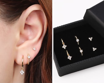 Flower Huggie Hoop Earrings Set for Multiple Piercings, Gold Bead Hoop Earrings Set, Sterling Silver Small Hoop Earrings Set, Gift For Her