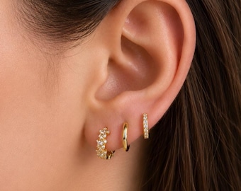 Gold Huggie Hoop Earrings Set of 3, CZ Dainty Ear Stack, 3 Piece Minimalist Hoop Set, Multiple Piercing Earrings, Curated Ear Jewelry Set