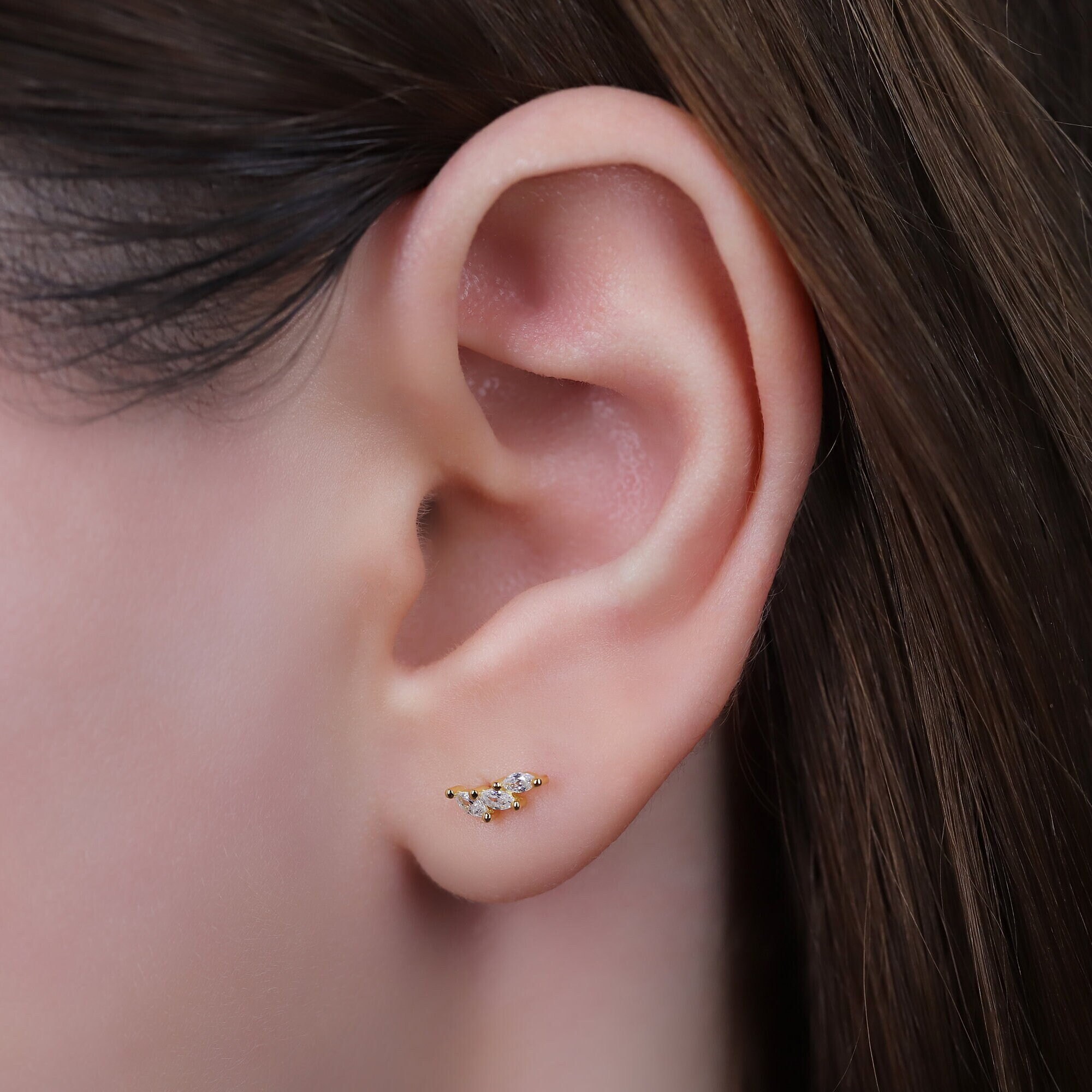 Diamond CZ Cartilage Stud Earrings, Tiny Gold Climber Cartilage Stud Earrings, Sterling Silver Helix Stud, Tragus Stud, Small Stud Earrings
