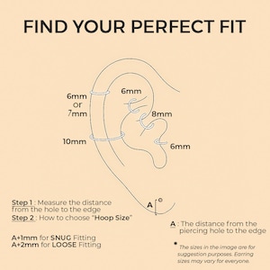 May include: A black line drawing of an ear showing hoop earring placement with labels 6mm, 7mm, 8mm, and 10mm. Text includes FIND YOUR PERFECT FIT, Step 1: Measure the distance from the hole to the edge, Step 2: How to choose Hoop Size, A+1mm for SNUG Fitting, A+2mm for LOOSE Fitting, and A: The distance from the piercing hole to the edge.