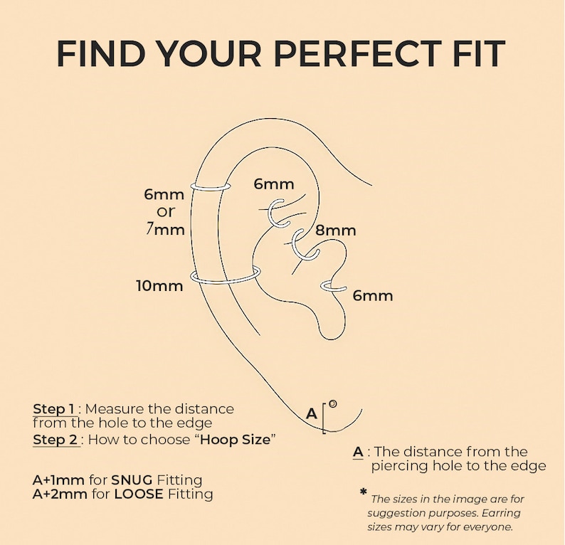 May include: A black line drawing of an ear showing hoop earring placement with labels 6mm, 7mm, 8mm, and 10mm. Text includes FIND YOUR PERFECT FIT, Step 1: Measure the distance from the hole to the edge, Step 2: How to choose Hoop Size, A+1mm for SNUG Fitting, A+2mm for LOOSE Fitting, and A: The distance from the piercing hole to the edge.