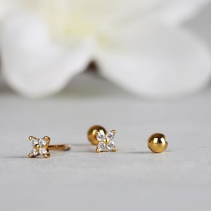 Tiny 20G Flower Shape Stud Earring with Screw Ball Backing, Sterling Silver Flower Cartilage Piercing Stud, Helix Piercing Stud, Tragus Stud