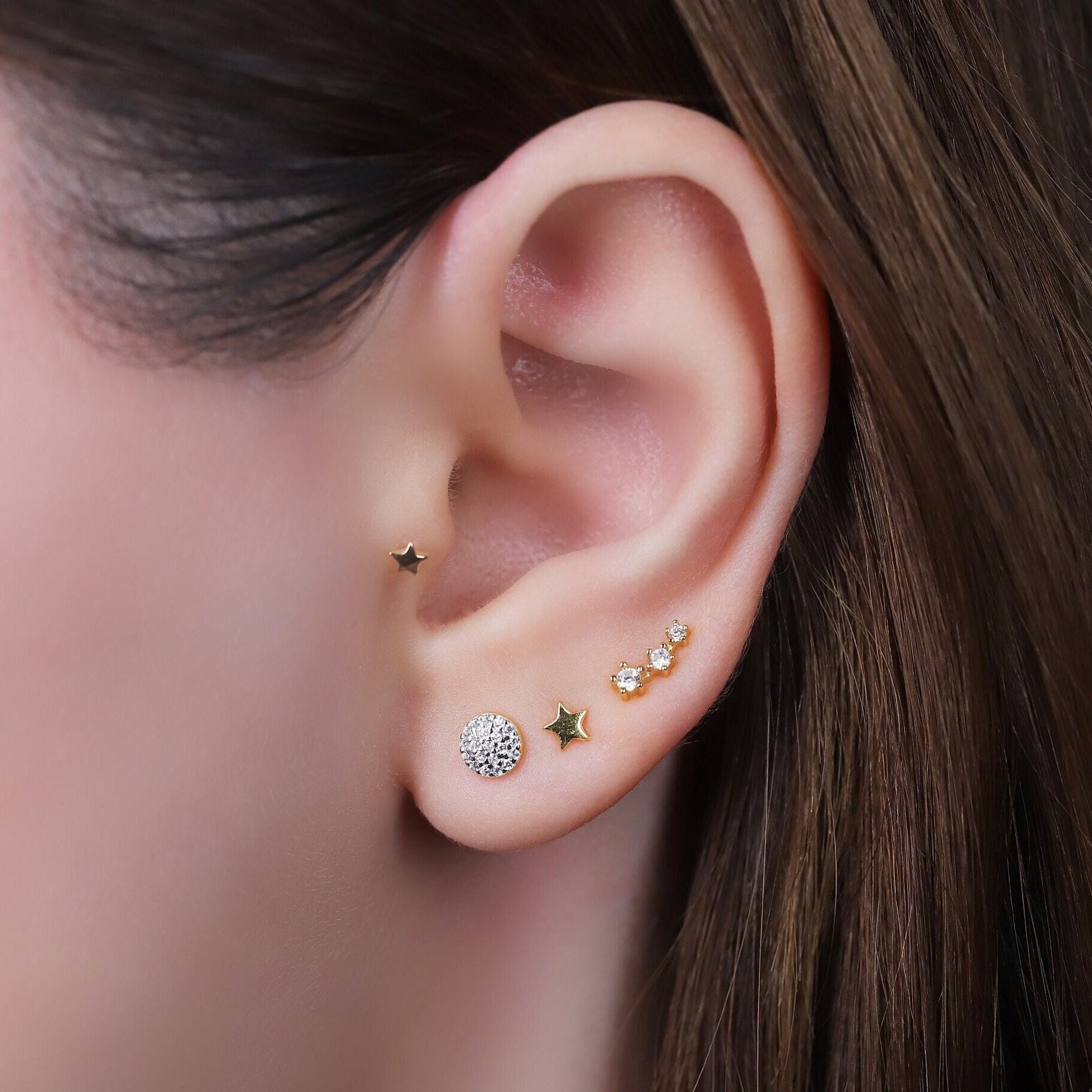 18G Moon Star Threadless Push Pin Labret Stud Earrings Set