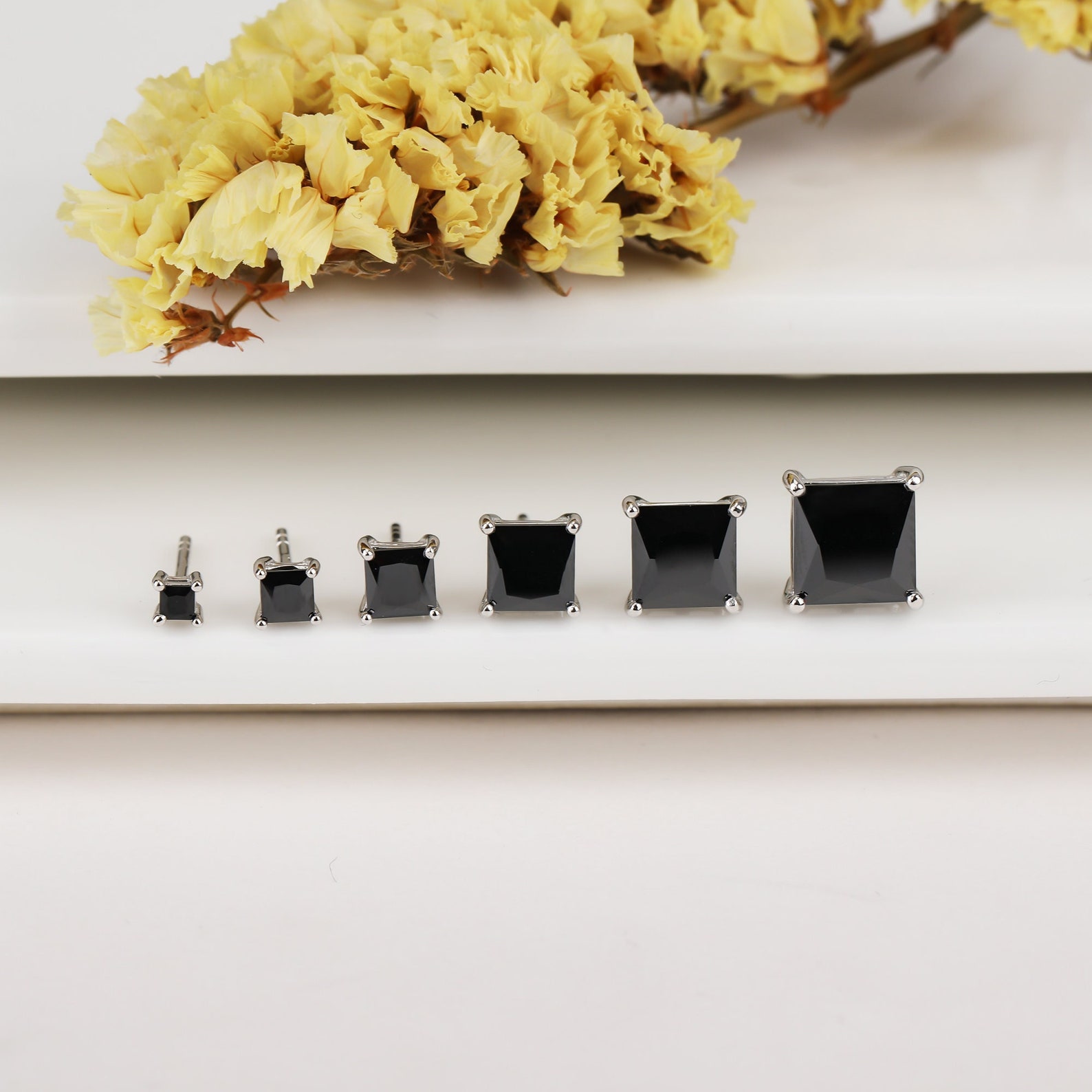 Black Stud Earrings Sterling Silver Black Square Stud Etsy