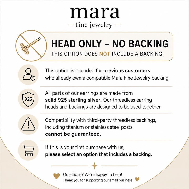 May include: An informational graphic for Mara Fine Jewelry stating HEAD ONLY - NO BACKING. It explains that this earring head is for previous customers, made of solid 925 sterling silver, and may not be compatible with third-party threadless backings.