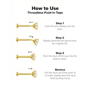 May include: Instructions on how to use threadless push-in tops, with diagrams showing the steps: insert, bend, push in, and remove. The text is in black on a white background, with gold-colored jewellery.