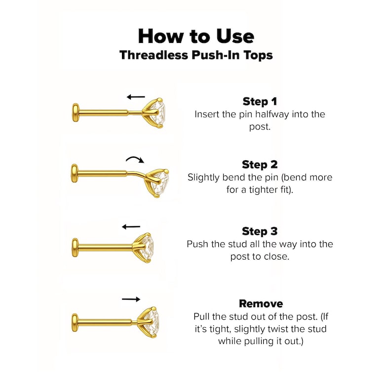 May include: Instructions on how to use threadless push-in tops, with diagrams showing the steps: insert, bend, push in, and remove. The text is in black on a white background, with gold-colored jewellery.