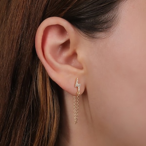 Lightning Bolt Pave Stud Earrings with Dangling Chain, Lightning Bolt Chain Stud Earrings, Sterling Silver Lightning Bolt Chain Drop Earring