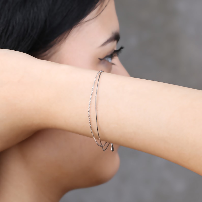 Dainty Double Layered Bracelet, Sterling Silver Double Chain Drape Bracelet, Gold Layered Bracelets for Women, Minimalist Box Chain Bracelet image 2