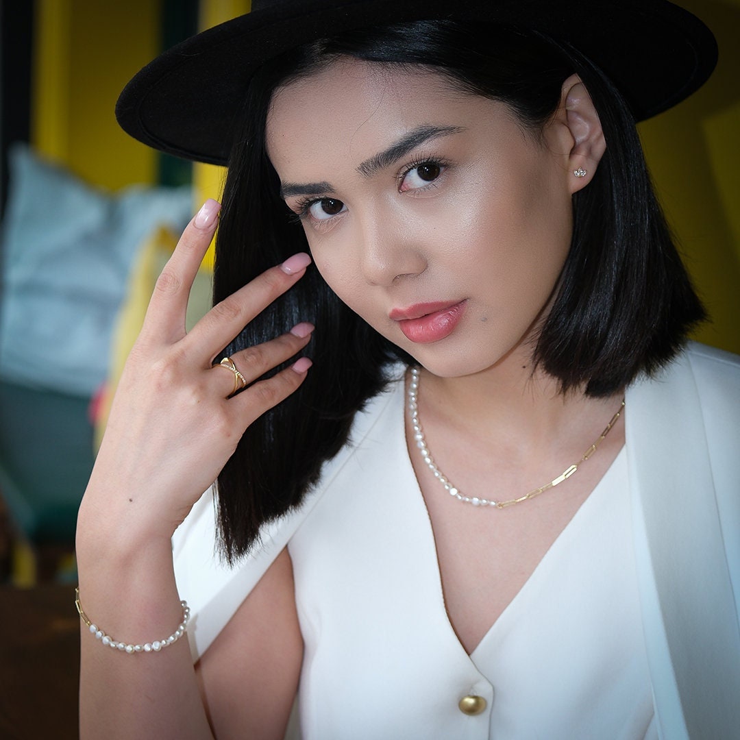 【TommassiniJewelry】Pearl Paperclip Chainブレスレット Pearl Paperclip Chain Bracelet, Sterling Silver Half Pearl