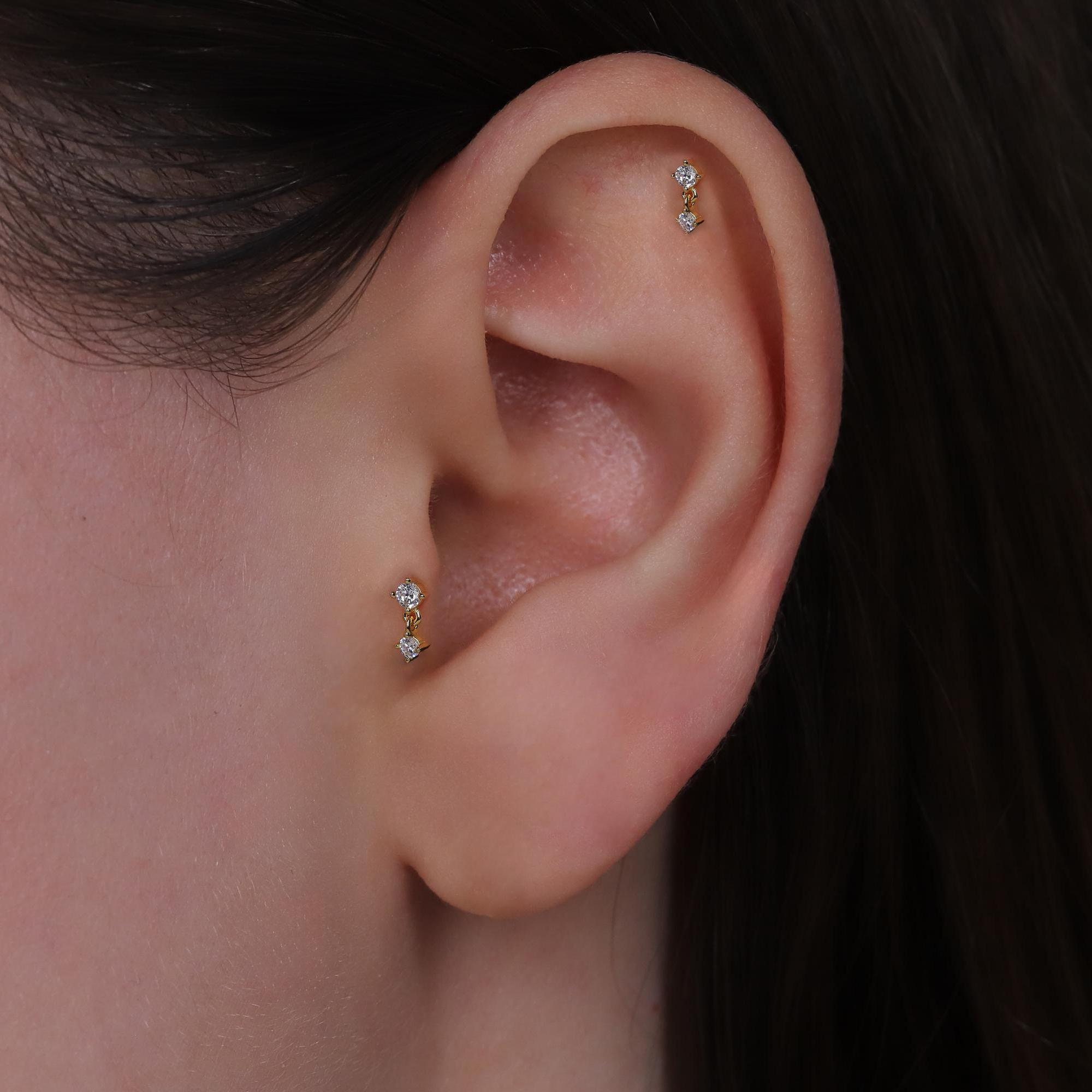18G Dangle CZ Threadless Push Pin Labret Stud Earring, 925 Sterling Silver Dangle Diamond Flat Back Stud Earring, Cartilage Stud, Helix Stud