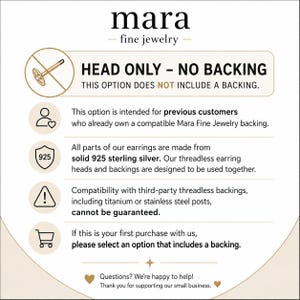 May include: An informational graphic for Mara Fine Jewelry stating HEAD ONLY - NO BACKING. It explains that this earring head is for previous customers, made of solid 925 sterling silver, and may not be compatible with third-party threadless backings.