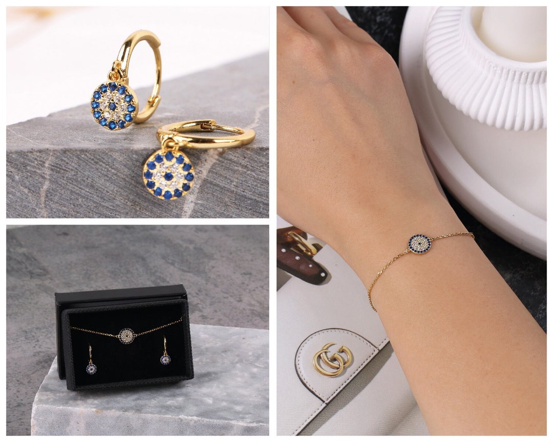 Evil Eye Bracelet and Earrings Gift Set, Evil Eye Protection Jewelry Set, Sterling Silver Evil