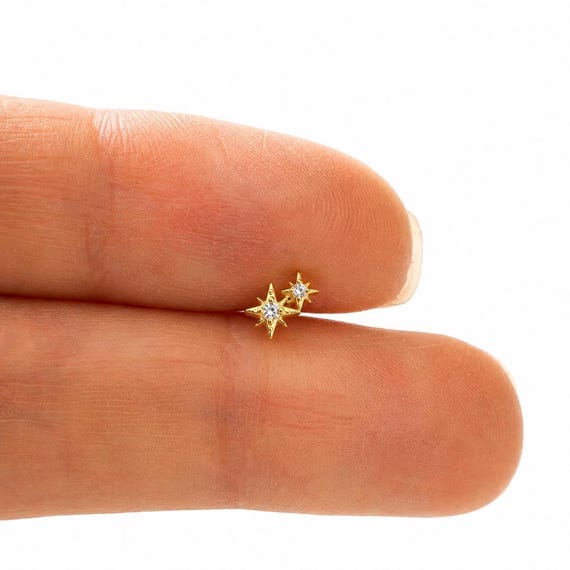 Tiny CZ Twin North Star Threadless Push Pin Labret Earring • Tiny Sterling Silver Flat Back Stud • Gold Cartilage Tragus Helix Piercing