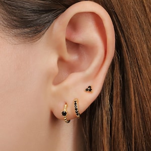 Curated Earring Set with Black Stone Earrings, Tiny Gold Onyx Huggie Hoop Earrings Set, Sterling Silver Black Diamond Hoop Earrings Gift Set