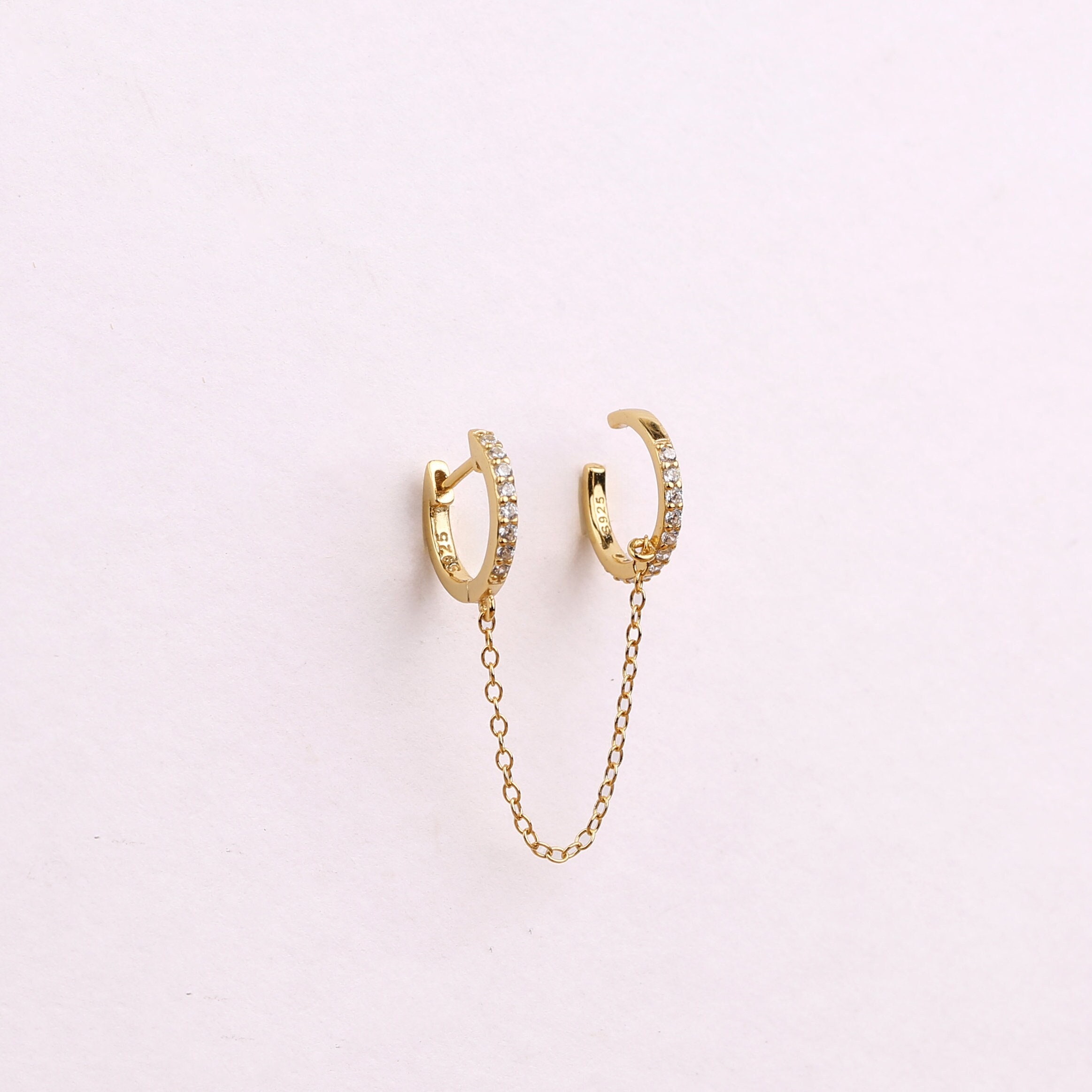 Diamond Double Huggie Chain Earrings, Silver Double Pave