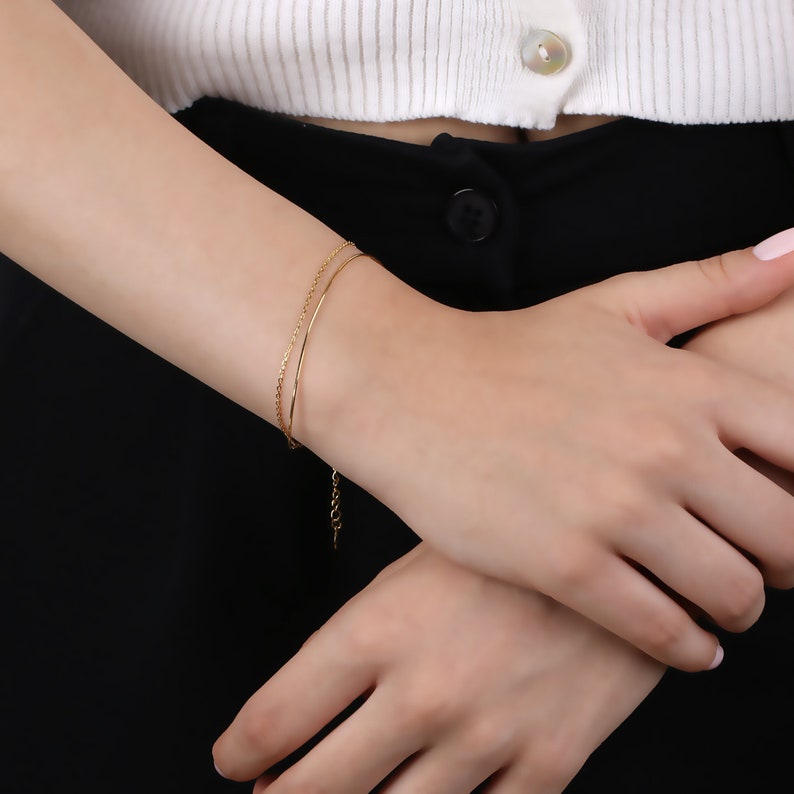 Dainty Double Layered Bracelet, Sterling Silver Double Chain Drape Bracelet, Gold Layered Bracelets for Women, Minimalist Box Chain Bracelet image 1