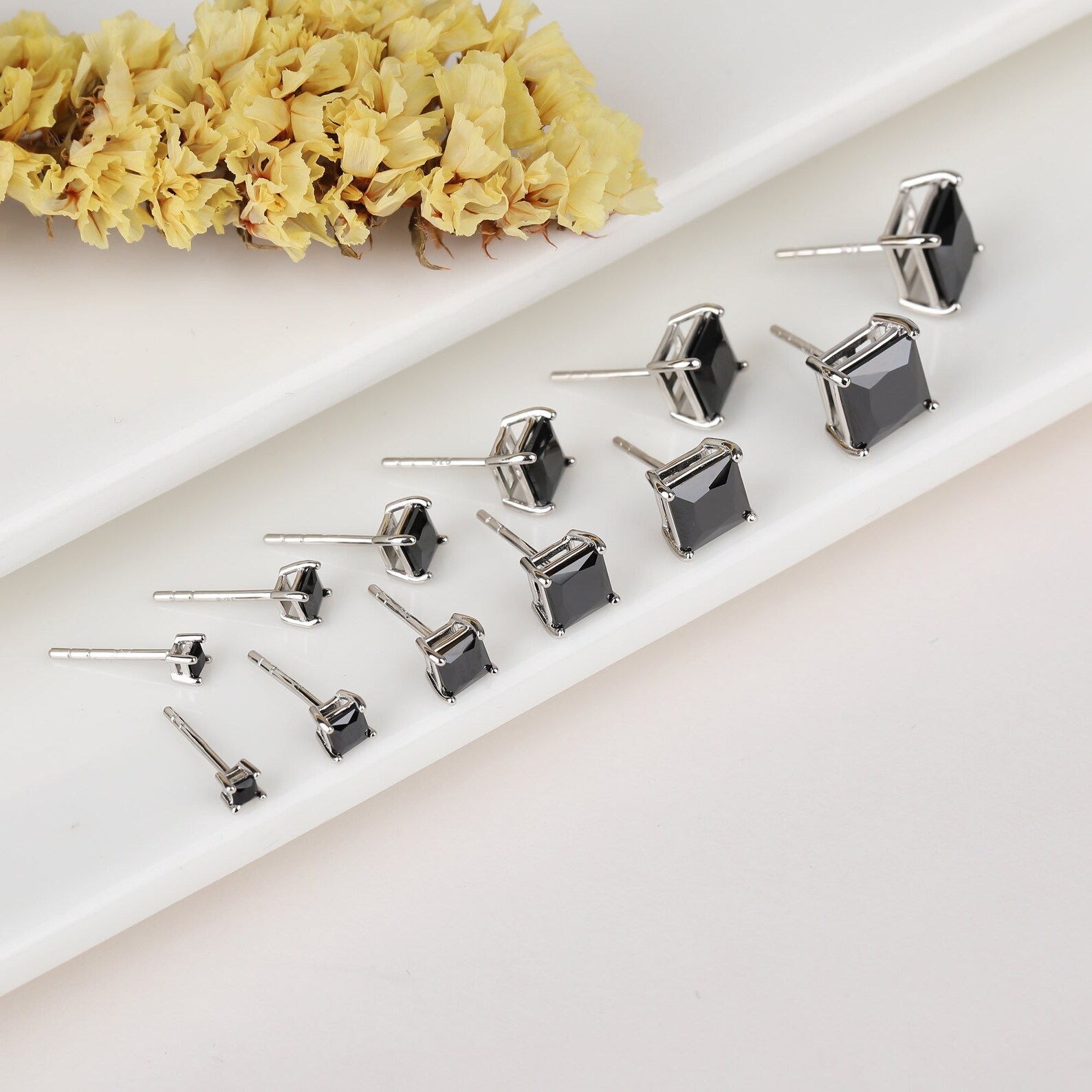Black Stud Earrings Sterling Silver Black Square Stud Etsy
