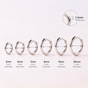 May include: Six silver-toned hoop earrings arranged in increasing size from 5mm to 10mm inner diameter. Each hoop features a 1.5mm thickness. The labels indicate inner diameters of 5mm, 6mm, 7mm, 8mm, 9mm, and 10mm for these circular earrings.