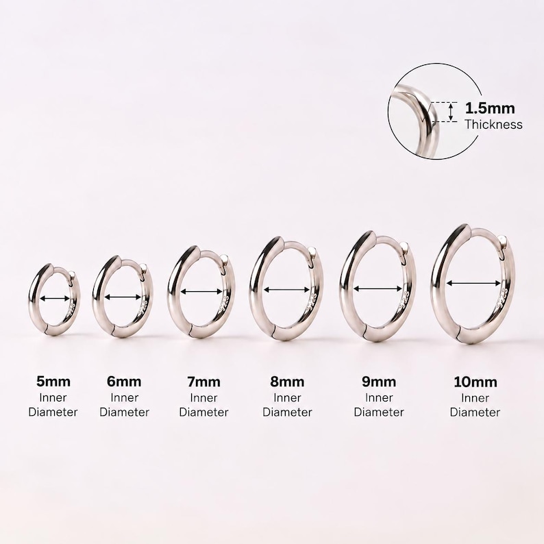 May include: Six silver-toned hoop earrings arranged in increasing size from 5mm to 10mm inner diameter. Each hoop features a 1.5mm thickness. The labels indicate inner diameters of 5mm, 6mm, 7mm, 8mm, 9mm, and 10mm for these circular earrings.