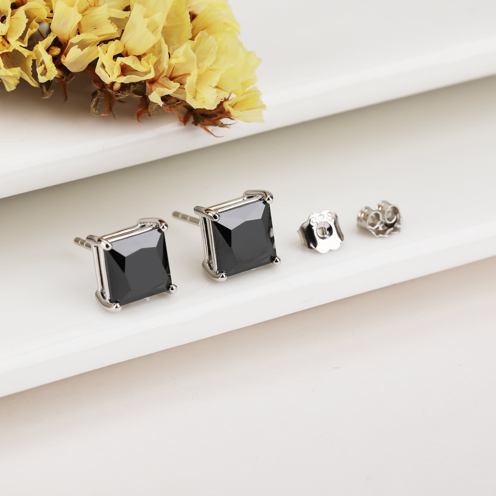 Black Stud Earrings Sterling Silver Black Square Stud Etsy