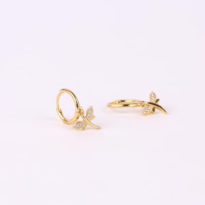 Dragonfly Charm Dangle Hoop Earrings, Tiny Gold Hoop Earrings with Dangling Dragonfly Charm, Sterling Silver Dangly Dragonfly Hoop Earrings
