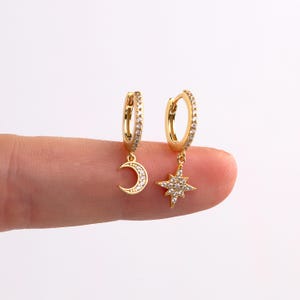 Sterling Silver Moon Star Dangle Hoop Earrings, 18k Gold Plated Star and Moon Charm Huggie Drop Hoop Earrings, Celestial Everyday Jewelry