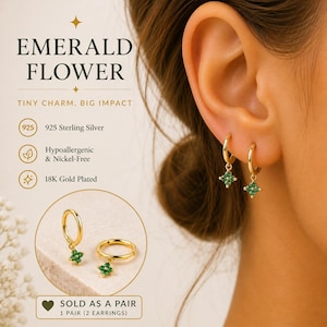 Emerald Flower Charm Dangle Hoop Earrings, Sterling Silver Tiny Diamond CZ Huggie Drop Hoop Earrings, Gold Dangling Flower Hoop Earrings