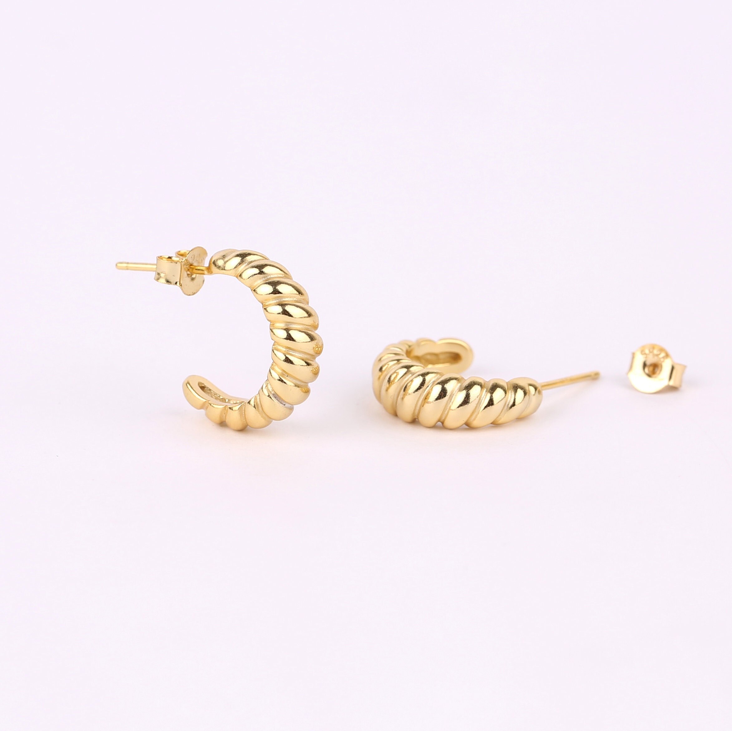 Croissant Shape Hoop Stud Earrings, Bold Twisted Open Hoop