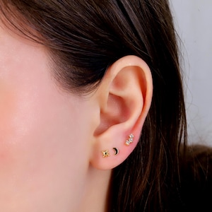 18G Tiny Moon Star Threadless Push Pin Labret Stud Earrings Set, Sterling Silver Flat Back Stud Earrings Stacking Set, Helix Cartilage Stud