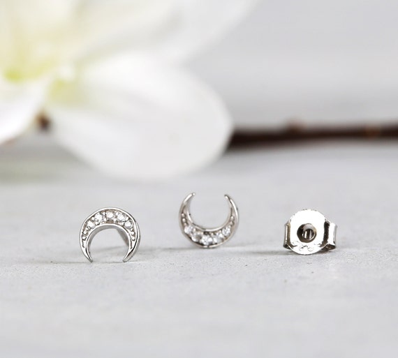 Crescent Moon Stud Earrings, Sterling Silver Tiny Pave Moon