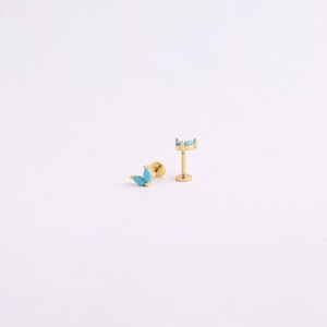 18G Tiny Turquoise Leaf Threadless Push Pin Labret Stud, 925 Sterling Silver Turquoise Flat Back Stud Earring, Cartilage Stud, Helix Stud