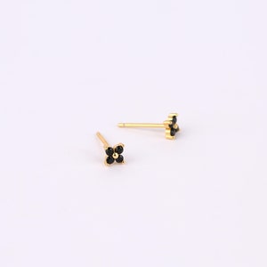 Tiny Black Flower Stud Earrings, Dainty Black CZ Floral Studs, 925 Sterling Silver, Minimalist Everyday Earrings