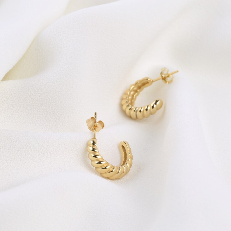 Bold Croissant Hoop Stud Earrings for Women, Gold Dome Hook Stud Earrings, Sterling Silver Thick Statement Earrings, Chunky Hoop Earrings image 1