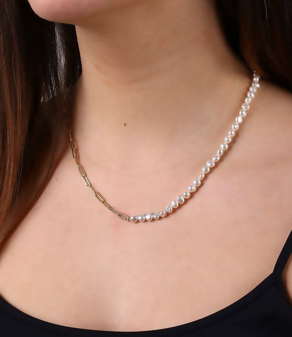 Buy Half Chain Half Pearl Necklace, Gold Half Pearl Half Paper Clip Chain  Necklace, Sterling Silver Freshwater Pearl Necklace, Paperclip Chain Online  in India - Etsy
